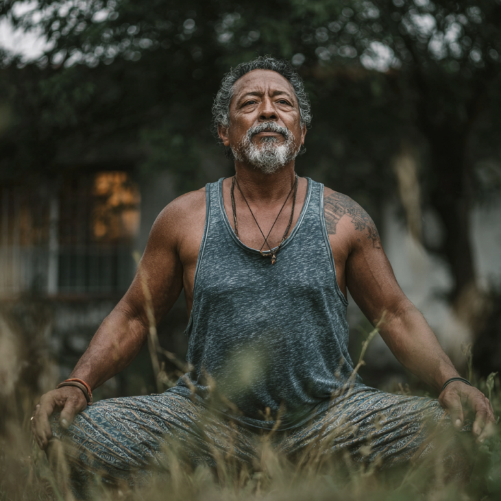 Instructor de yoga trabajando con adulto mayor